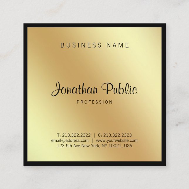Tarjeta De Visita Cuadrada Glamour del guión Black Gold Profesional Graceful (Anverso)