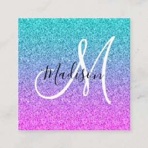 Tarjeta De Visita Cuadrada Glamour Rosa Azul Purpura Brillo Ombré Monograma