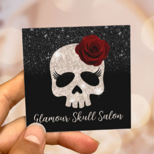 Tarjeta De Visita Cuadrada Glamour Rosa Gold Purpurina Skull Salón de belleza
