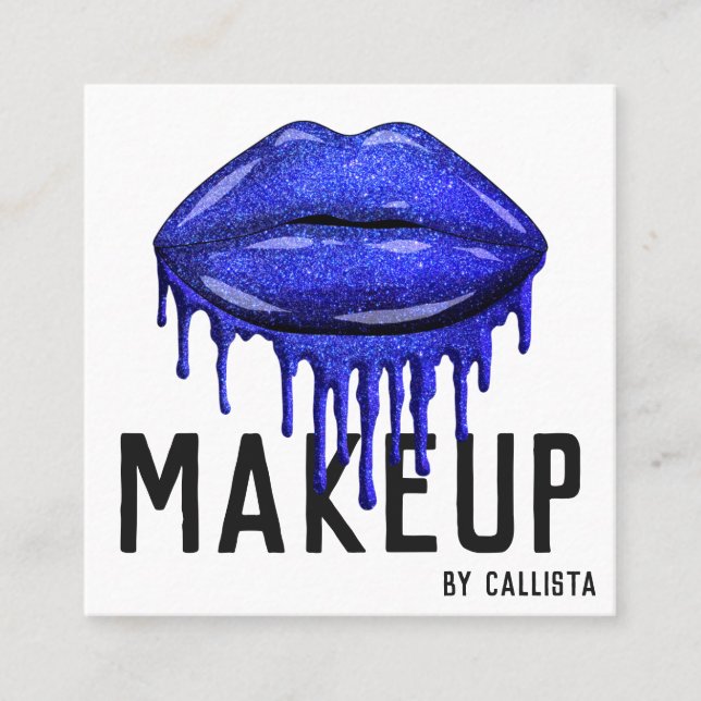 Tarjeta De Visita Cuadrada Glamuroso Purpurina azul espárrago maquillaje labi (Anverso)