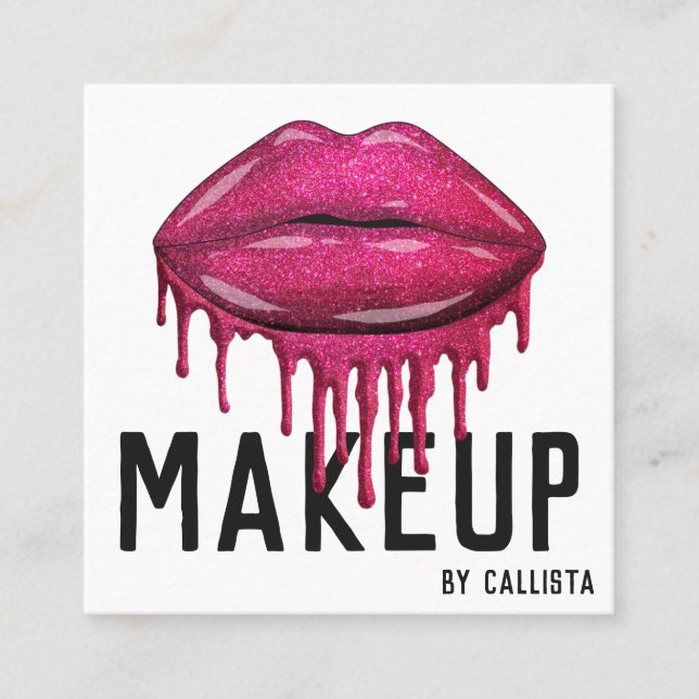 Tarjeta De Visita Cuadrada Glamuroso Purpurina Sparkly rosado goteo labios ma (Anverso)