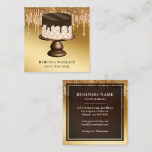 Tarjeta De Visita Cuadrada Glitter de Oro Chocolate Gotea Glaseado Torta Pana