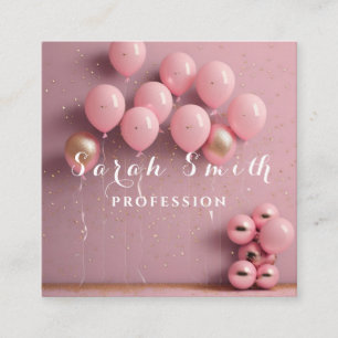 Tarjeta De Visita Cuadrada Globos Rosados Brillo Dorado Evento Boda Fiesta