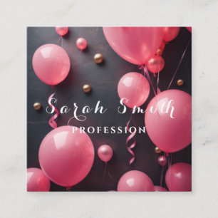 Tarjeta De Visita Cuadrada Globos Rosados Brillo Dorado Evento Boda Fiesta