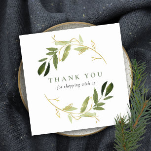 TARJETA DE VISITA CUADRADA GOLD GREEN KRAFT FOLIAGE WREATH GRACIAS LOGO