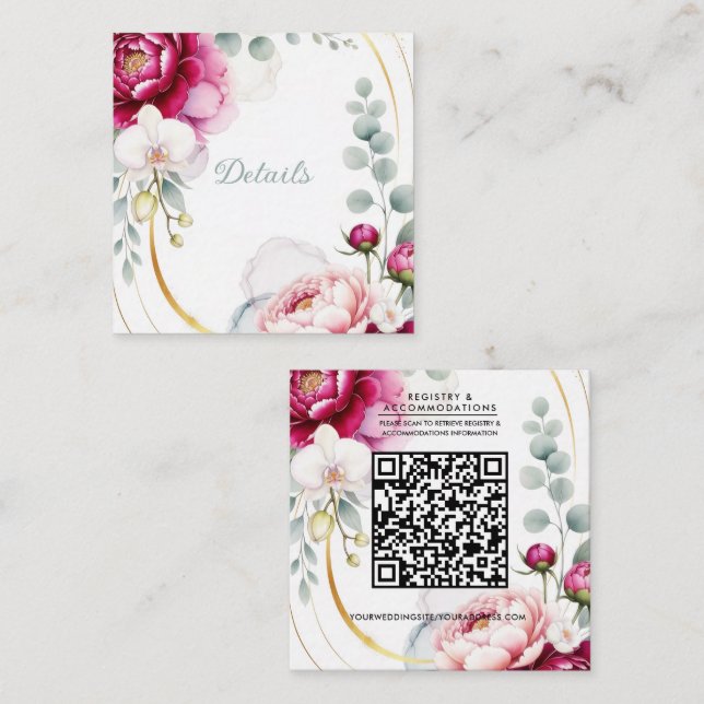 Tarjeta De Visita Cuadrada Gold Halo Garden Peonies & Orchids Wedding Details (Anverso / Reverso)
