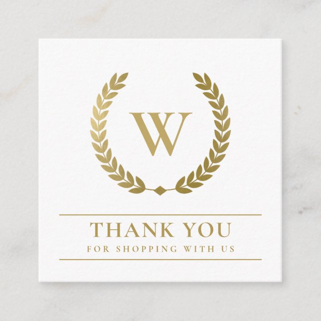 TARJETA DE VISITA CUADRADA GOLD LAUREL WREATH INITIAL LOGO BUSINESS GRACIAS (Anverso)