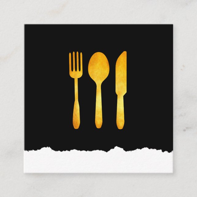 Tarjeta De Visita Cuadrada Gold Luxe Food Utensiers Torn Look (Anverso)