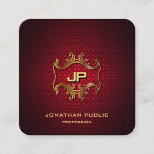 Tarjeta De Visita Cuadrada Gold Monogramed Eleged Red Damask Profesional