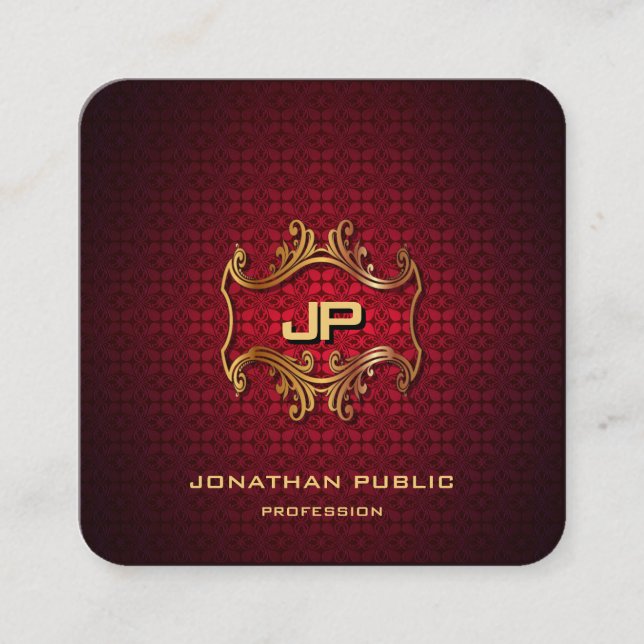 Tarjeta De Visita Cuadrada Gold Monogramed Eleged Red Damask Profesional (Anverso)