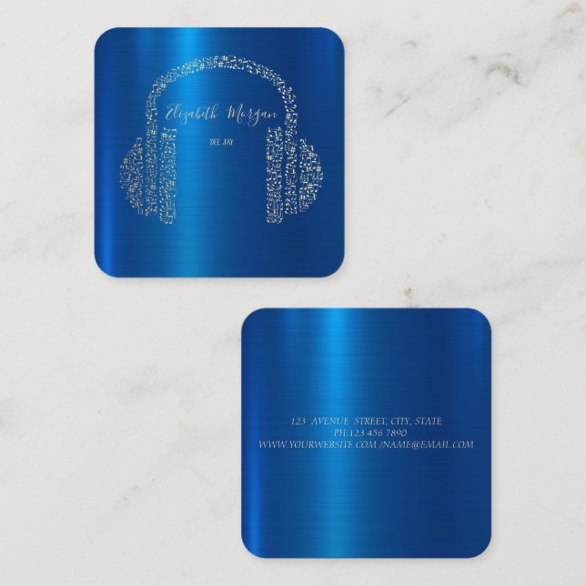 Tarjeta De Visita Cuadrada Gold Music Notes Headphone DJ Blue Metallic (Anverso / Reverso)