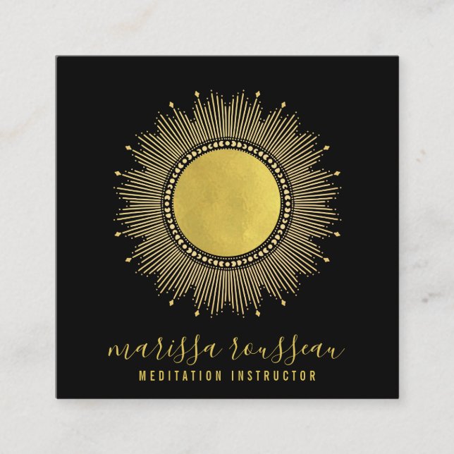 Tarjeta De Visita Cuadrada Gold Sun Mandala Black Meditation Instructor (Anverso)