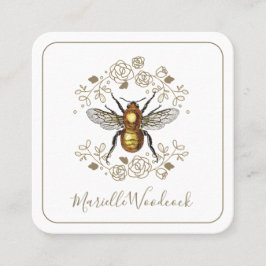 Tarjeta De Visita Cuadrada Golden Bee Rosa Floral Laurel