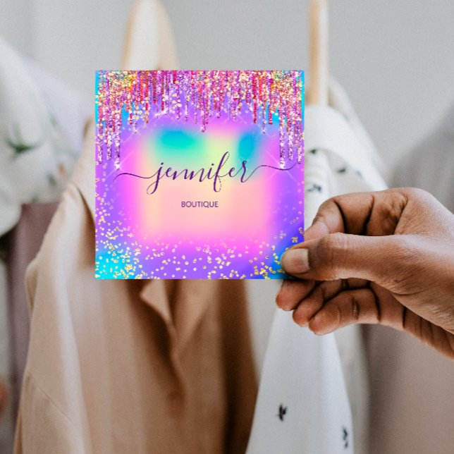 Tarjeta De Visita Cuadrada Golden Boutique Shop Purpurina Dris Holograph (Golden Boutique Shop Glitter Drips Holograph Square Business Card)