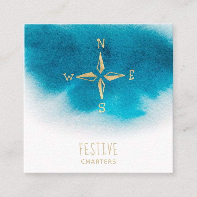 Tarjeta De Visita Cuadrada *~* Golden Compass Beach Ocean Sea AP 13 Azul Verd (Anverso)