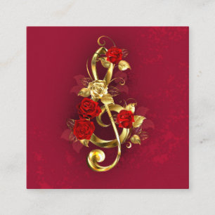 Tarjeta De Visita Cuadrada Golden Treble Clef con flores Rosas