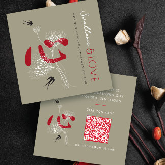 Tarjeta De Visita Cuadrada Golondrinas Pájaros Corazón Chino Kanji Oriental F