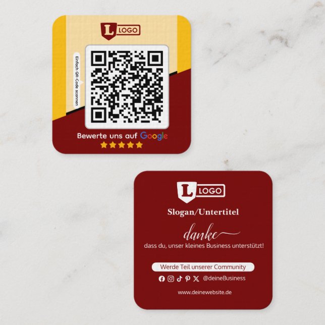 Tarjeta De Visita Cuadrada Google Bewertungskarte mit QR code Business Card  (Anverso / Reverso)
