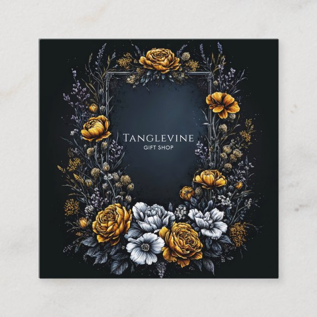 Tarjeta De Visita Cuadrada Gothic Black Gold Floral Wreath Dark Academia (Anverso)