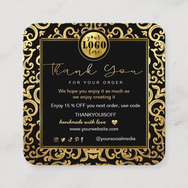 Tarjeta De Visita Cuadrada Gracias Business Insert Logo Gold Luxury Frame (Anverso)