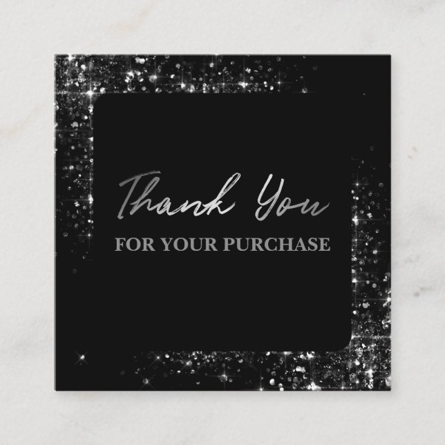 Tarjeta De Visita Cuadrada Gracias Por Tu Compra Silver Purpurina Black (Anverso)