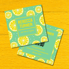 Tarjeta De Visita Cuadrada Green and Yellow Lemon Slice Pattern, QR Code