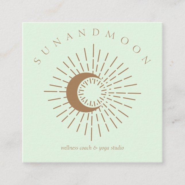 Tarjeta De Visita Cuadrada Green Brown Minimal Modern Celestial Sun Moon (Anverso)
