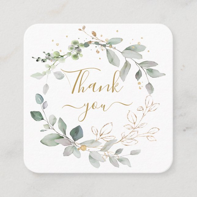 Tarjeta De Visita Cuadrada Green Gold Foliage Confetti Gracias (Anverso)