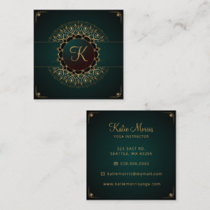 Tarjeta De Visita Cuadrada Green Gold Mandala Elegante Plaza de Instructores