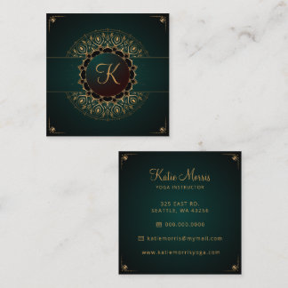 Tarjeta De Visita Cuadrada Green Gold Mandala Elegante Plaza de Instructores