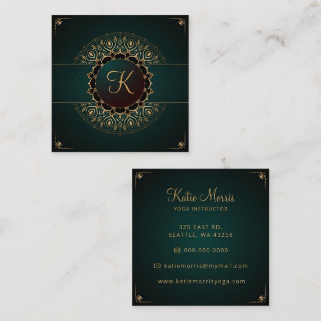 Tarjeta De Visita Cuadrada Green Gold Mandala Elegante Plaza de Instructores  (Anverso / Reverso)