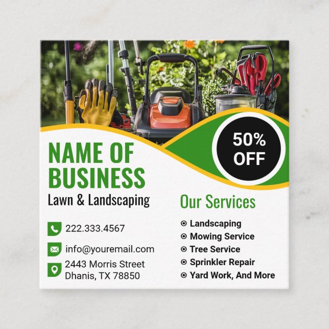 Tarjeta De Visita Cuadrada Green Yellow Lawn Mower Landscaping Service (Anverso)