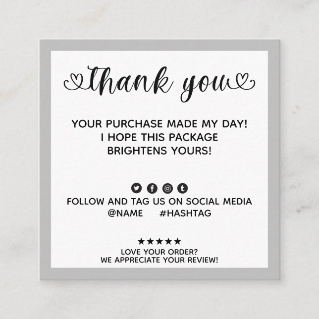 Tarjeta De Visita Cuadrada Gris Orden Moderno Gracias Orden Hecho Mi Día (Anverso)