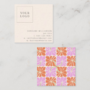 Tarjeta De Visita Cuadrada Groovy Retro Logotipo Floral Naranja Rosa Creativo
