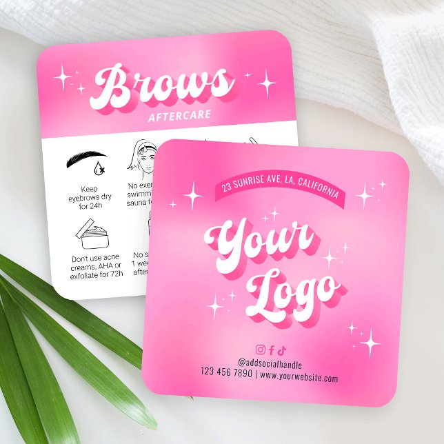 Tarjeta De Visita Cuadrada Groovy, retro rosado de moda, se traslada después  (Trendy brows care cards with icons, featuring girly pink design, care icons & retro fonts)