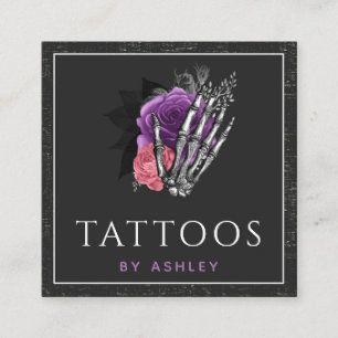 Tarjeta De Visita Cuadrada Grunge Skeleton Hand Rosas Florales Artista de tat