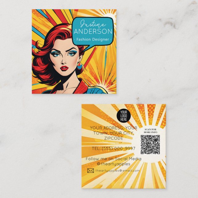Tarjeta De Visita Cuadrada Guau Retro Pop Art Lady Mujer (Anverso / Reverso)