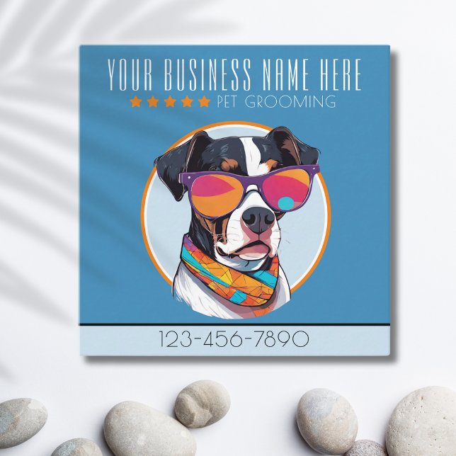Tarjeta De Visita Cuadrada Guay Dog Grooming de moda y fidelidad elegante (A business card with some attitude. Cool dog with sunglasses shows your grooming business has style.)