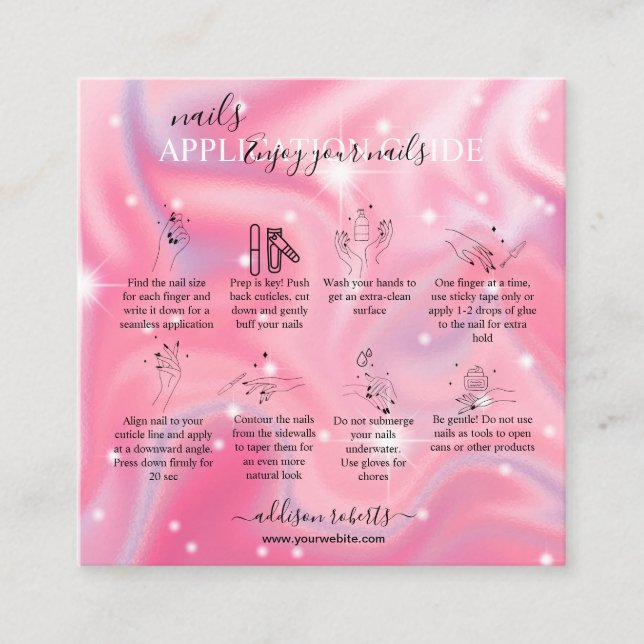 Tarjeta De Visita Cuadrada Guía de Aplicación Elegante Glam Iriparent Nail (Anverso)