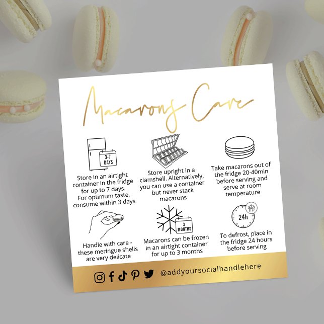 Tarjeta De Visita Cuadrada Guía de atención de postres modernos de Macarons W (White and faux gold foil macarons care cards with space for your bakery logo and contact info)