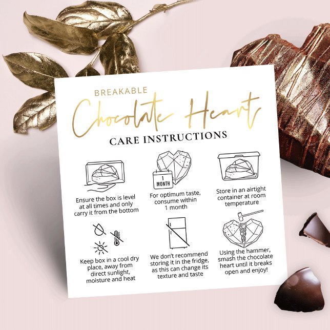 Tarjeta De Visita Cuadrada Guía de cuidado cardíaco de chocolate irreprochabl (Make luxurious Breakable Chocolate Heart Care Cards with this white and faux gold card design)