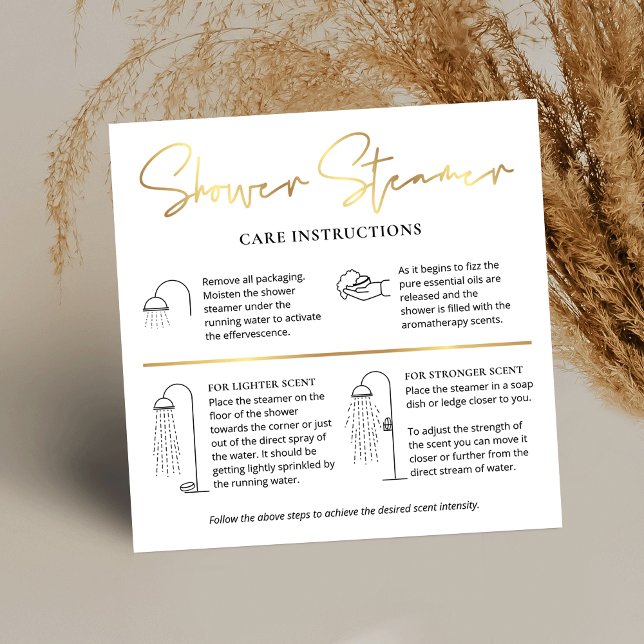 Tarjeta De Visita Cuadrada Guía de cuidado de los dedos de vapor de ducha - L (Elegant shower steamer instructions cards with care icons and faux gold effects)