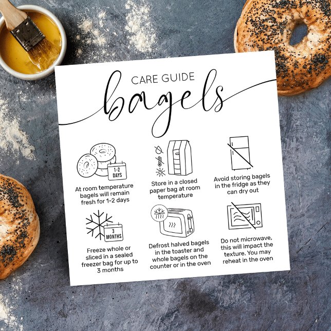 Tarjeta De Visita Cuadrada Guía de instrucciones de cuidado de Bagels Panader (Minimalist modern bagels care instructions cards with care icons, elegant script font)