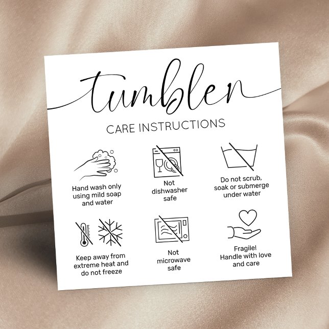 Tarjeta De Visita Cuadrada Guía de instrucciones de cuidado de Tumbler Logoti (Elegant simple tumbler care cards in black and white and modern care icons)