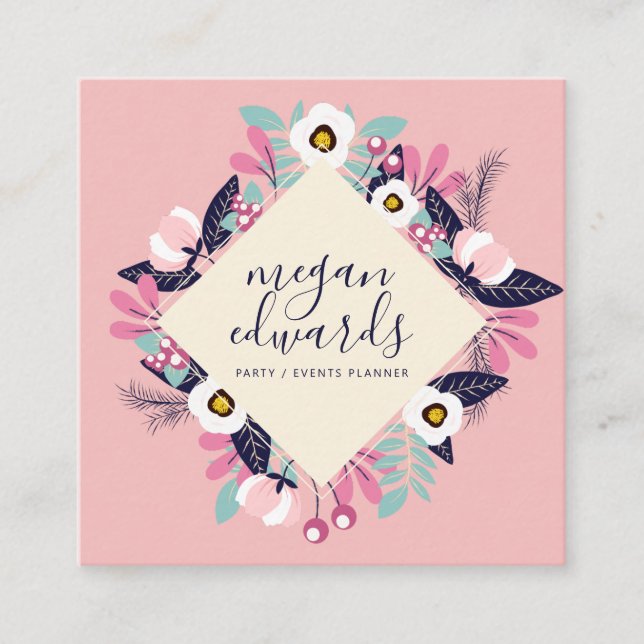 Tarjeta De Visita Cuadrada Guión crema rosa pastel boho ilustracion floral (Anverso)