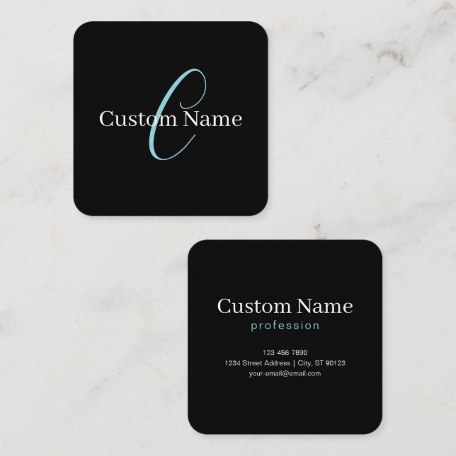 Tarjeta De Visita Cuadrada Guión curativo editable Monograma Blanco azul negr (Anverso / Reverso)