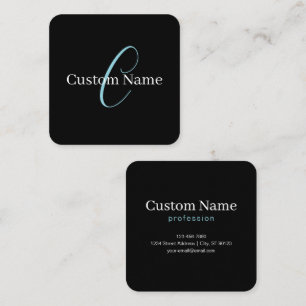 Tarjeta De Visita Cuadrada Guión curativo editable Monograma Blanco azul negr