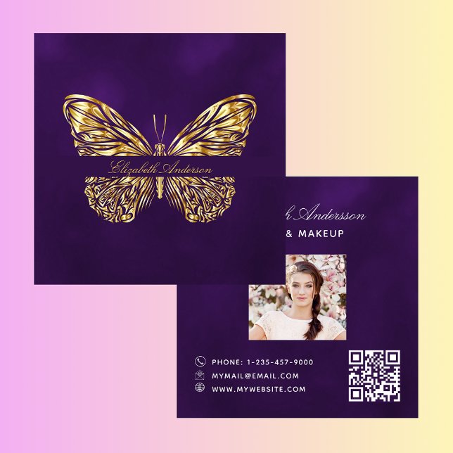 Tarjeta De Visita Cuadrada Guión de código QR de oro púrpura mariposa foto (Subido por el creador)