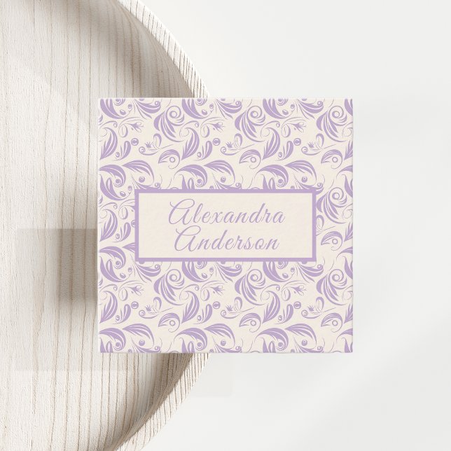 Tarjeta De Visita Cuadrada Guión de patrón de lavanda violeta mínima (Minimal Violet Lavender Leaves Pattern Script Square Business Card)