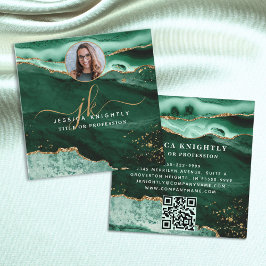Tarjeta De Visita Cuadrada Guión de Purpurina Green Agate Gold Photo QR